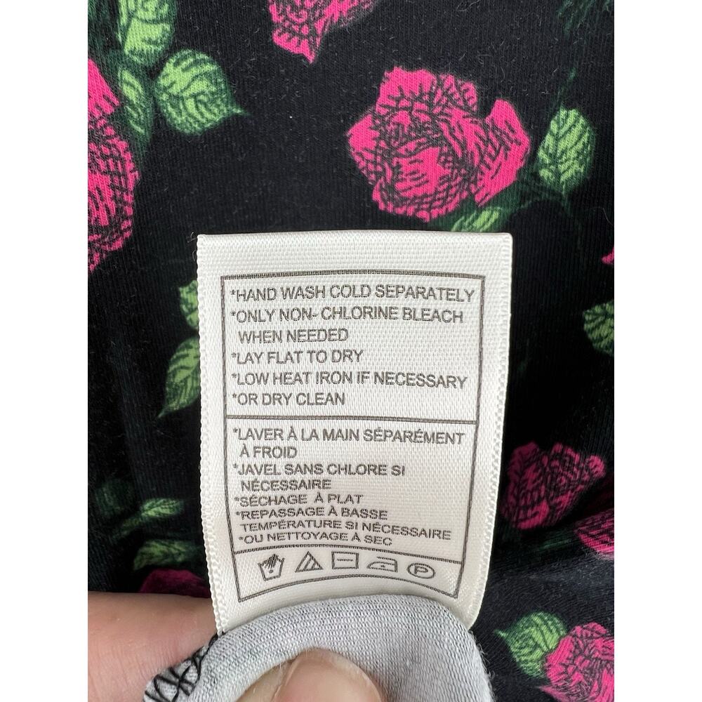 Betsy Johnson Rose Print Bodycon Dress Small Black Pink Floral Puff Sleeve Midi - Picture 12 of 13